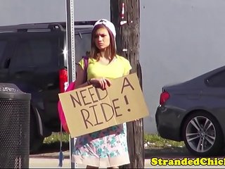Hitchhiking goddess fucked outdoors on car